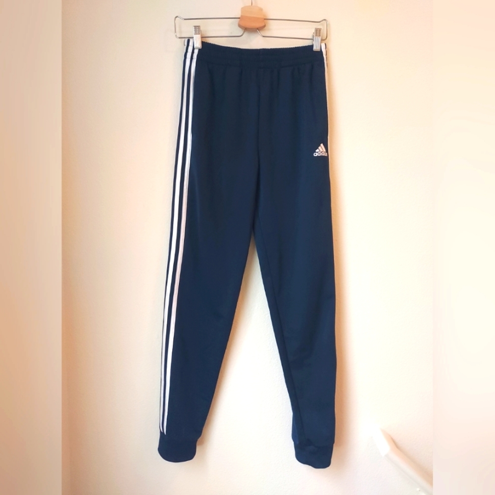 Woman's Adidas Side Stripes Navy Blue Cuffed Ankles Jogger Pants, Size 14/16